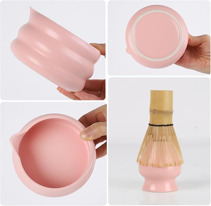 Pink Matcha Whisk Set, Ceramic Matcha Kit Set Gift Present Includes Matcha Bowl, Matcha Whisk and Holder, Bamboo Scoop, Scoop Rest, Sifter and Tea Towel - 7 Pcs Matcha Kit for Matcha Lovers