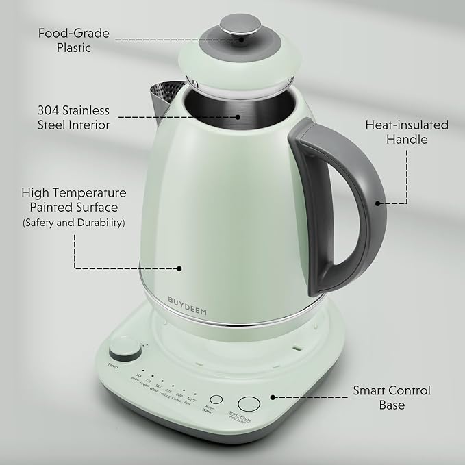 BUYDEEM K740 Electric Kettle with Temperature Control, 12H Keep Warm, Quick Boil, Stainless Steel Hot Water Boiler for Tea Coffee Milk, 1.7L, Cozy Greenish