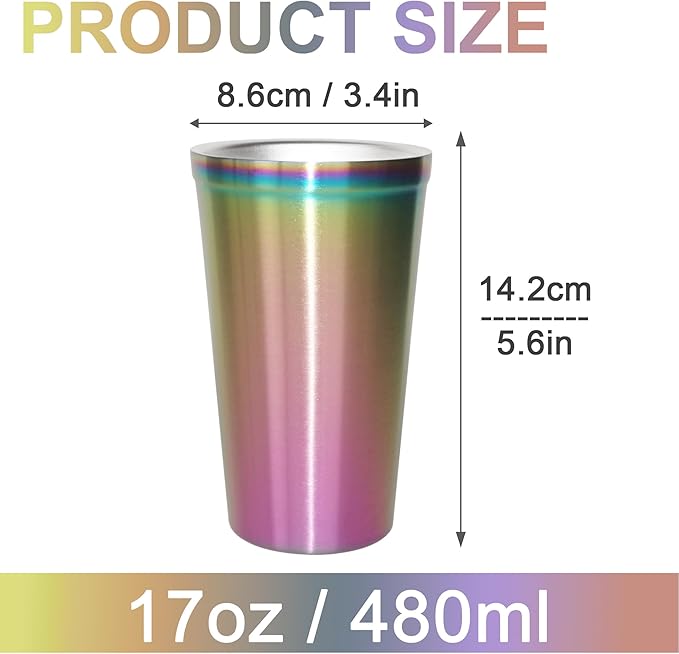 Youda Stainless Steel Double Walled Insulated Cups(Set of 2) Stackable, Coffee Cup/Tea Cup/Chilling Beer Glasses, Great for Kids, for Travel, Outdoor,Camping&Everyday, 16oz(Rainbow)