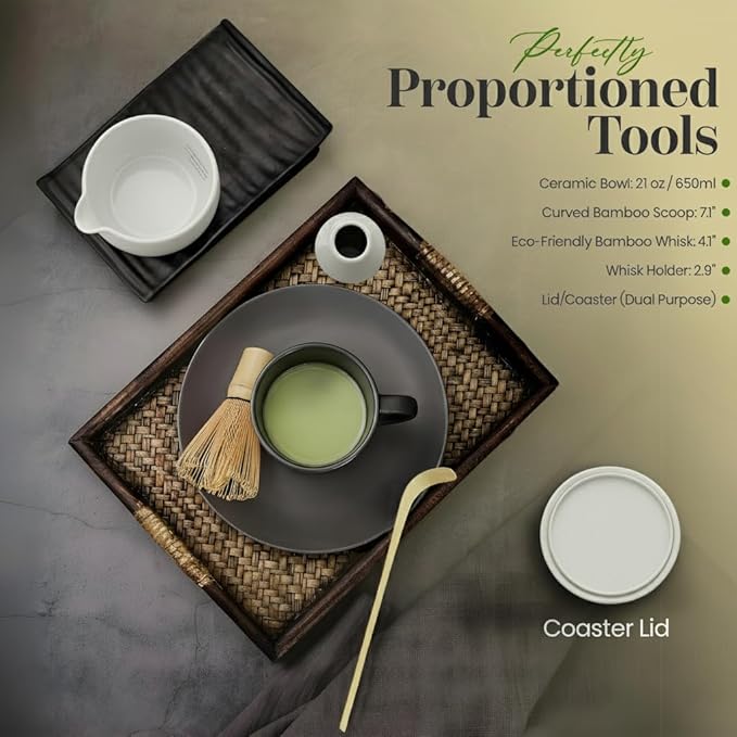 NEXTLUXE Matcha Whisk Set – Matcha Bowl and Whisk Traditional Bamboo Chasen with Ceramic Bowl, Matcha Sets, Matcha Whisk and Bowl, Matcha Starter Kit - Measurement Lines, Spoon & Lid – White