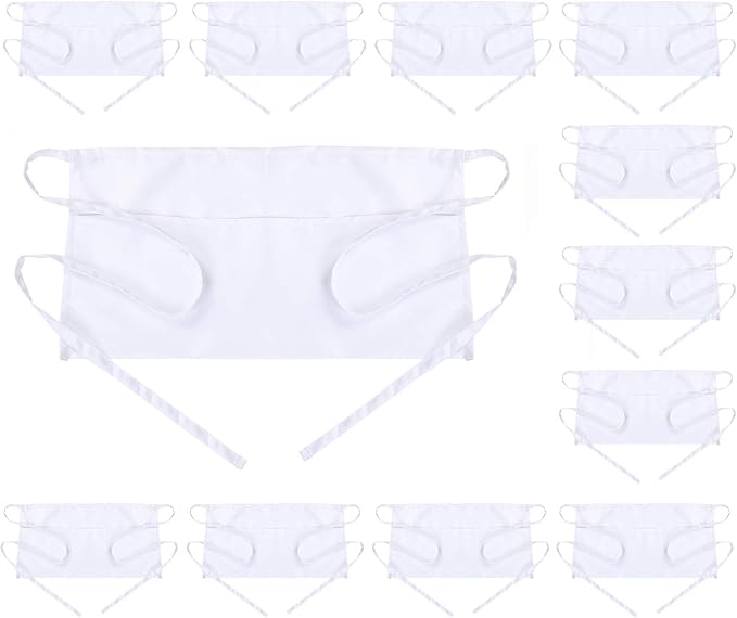 BOHARERS Waist Apron with 3 Pockets 12 Pack - White Waitress Server Short Apron