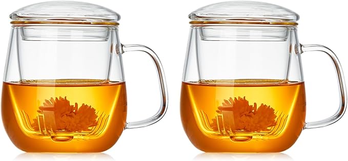 Glass Teacups 2 Pack Glass Tea Cup with Infuser and Lid, 17.6oz/520ml Large Borosilicate Teacup,Tea Clear Mug Cup for Loose Leaf Blooming Tea, Microwave & Dishwasher Safe.