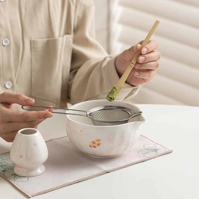 Matcha Tea Set with Plum Blossom Ceramic Bowl, Fine Mesh Strainer and Bamboo Scoop, Traditional Japanese Matcha Accessories for Home Tea Ceremony.
