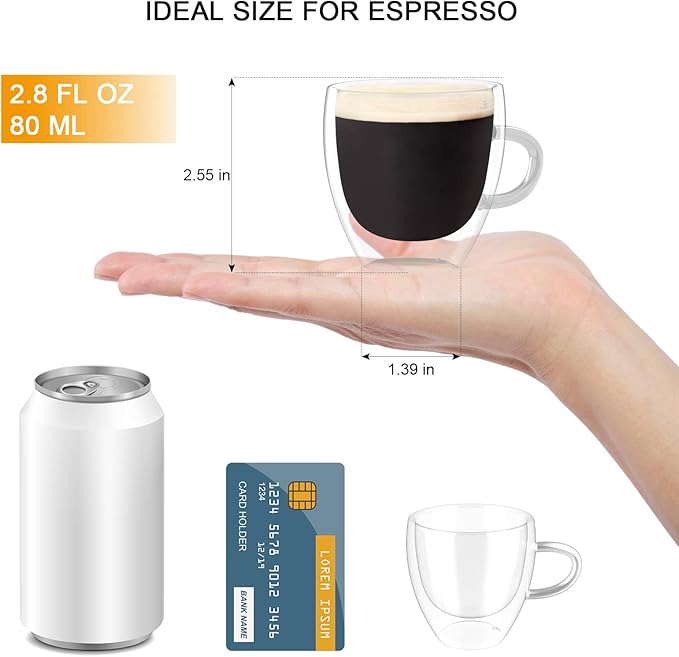 ONEDONE Espresso Cups Set of 4-2.8 OZ Double Walled Glass Hand Blown Espresso Shots Glass Thermo Insulated Expresso Coffee Mugs with Handle Small Demitasse Cups for Espresso Machine