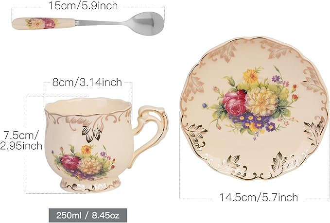 YOLIFE Tea Cup and Saucer Set, 8 oz Tea Cup Set, Teacup, Ceramic Tea Cup with Saucer Spoon, Ivory Vintage Flowering Shrubs with Gold Leaves Trim, Gifts for Women