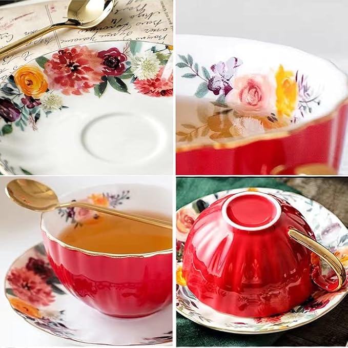 Porcelain Tea Cup with Saucers and Spoon, 2 Sets of 8 Oz Floral Coffee Mug with Gold Trim Holder, Royal Ceramic Teacup Set, Espresso Latte Mugs for Wedding Birthday Party Table Supplies (Red + Green)