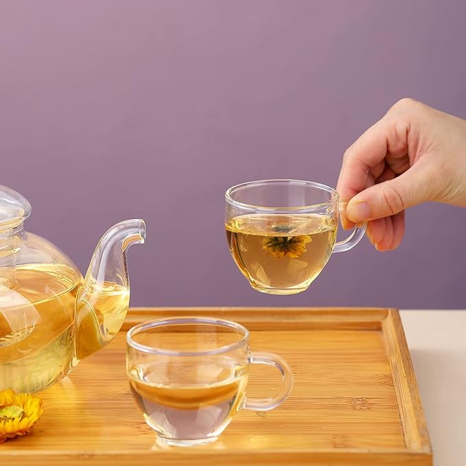 Kyraton Glass Tea Pot with 4 Tea Cups, Removable Infuser, Blooming and Loose Leaf Tea Maker and Teacups Set, Stovetop Microwave Safe Tea Kettle