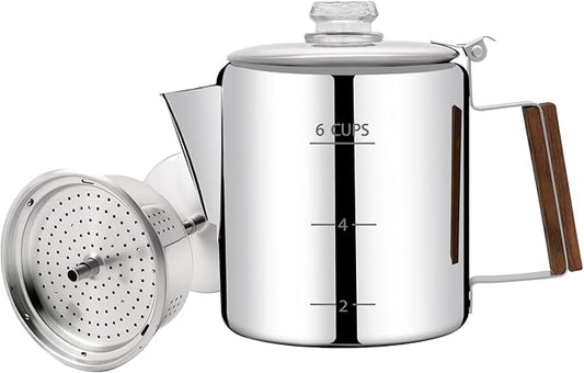 No Coating 6 Cup Percolator Coffee Pot 304 Stainless Steel Moka Pot Stovetop Espresso Maker Italian Greca Cuban Machine 1000ml 33.8oz Suitable for Gas Induction Stovetop Camping Kettle