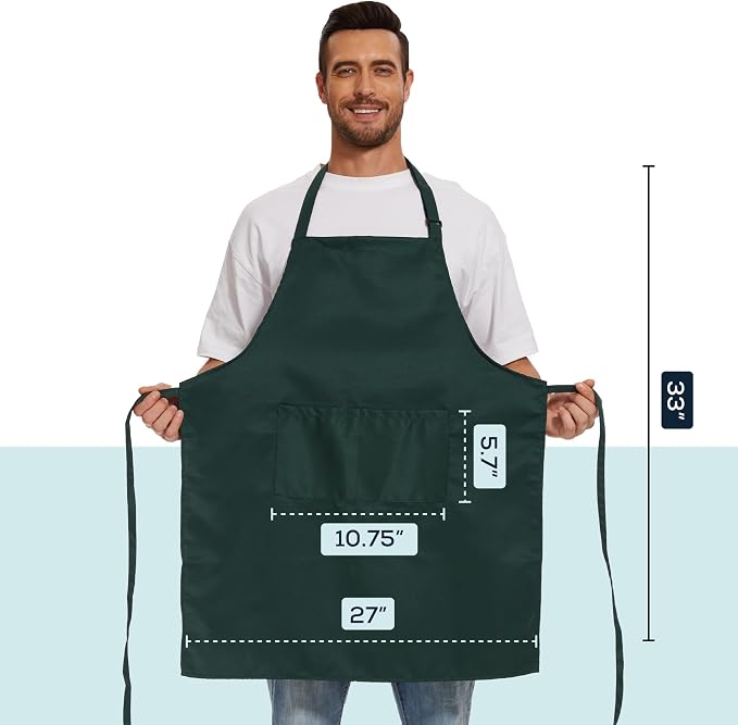 Will Well Kitchen 2 Pack Bib Apron For Men & Women with 2 Pockets - Green | Unisex 33'' x 27'' Oil & Water Resistant Soft Kitchen Chef Apron with Adjustable Neck Strap & 38'' Waist Ties for Snug Fit - Image 6