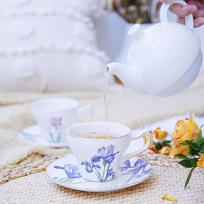 Bone China Tea Cup Set with Saucer and Spoon, 3 Piece, 7oz, Cappuccino and Latte Cups, Porcelain, British Style, Mother's Day Gift (Purple Iris)