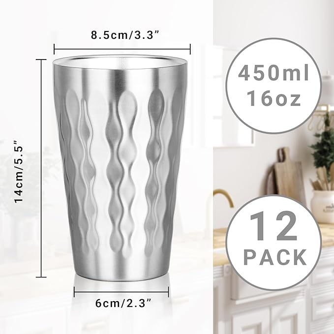Stainless Steel Double Wall Cups, 16 oz Insulated Tumbler, 12 Pack Unbreakable Stackable Water Tumblers Insulated Metal Cup Premium Drinking Glasses for Travel Camping Home Outdoor