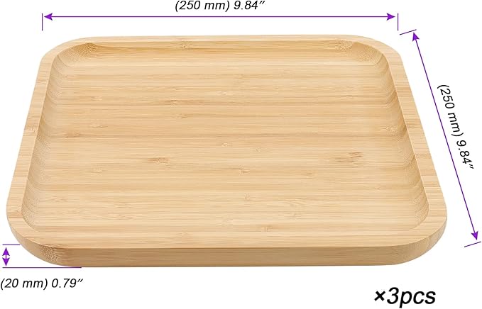 JOIKIT 3 Pack 10 Inch Bamboo Platter, Fine Polished Sqaure Wood Plates Bamboo Serving Tray for Holding Fruit, Bread, Cheese, Nut, Coffee, Tea, Plant Saucer