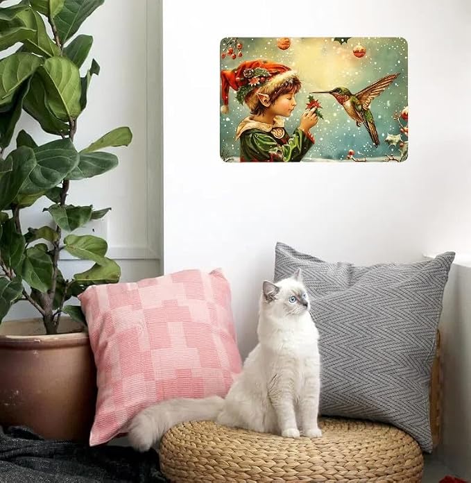 Christmas Elf and Vibrant Hummingbird - Vintage Metal Tin Sign, Festive Wall Art Decor for Gym, Cafe, Garage, Restaurant, Home, and Garden, Iron Material, 12x8 Inches - Image 3