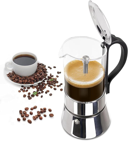 4 Cup Glass Transparent Moka Pot Stainless Steel Uncoated Stovetop Espresso Maker Italian Coffee Makers Mocha Greca Machine Cafe Classic Induction Cookers for Home Camping 220ml