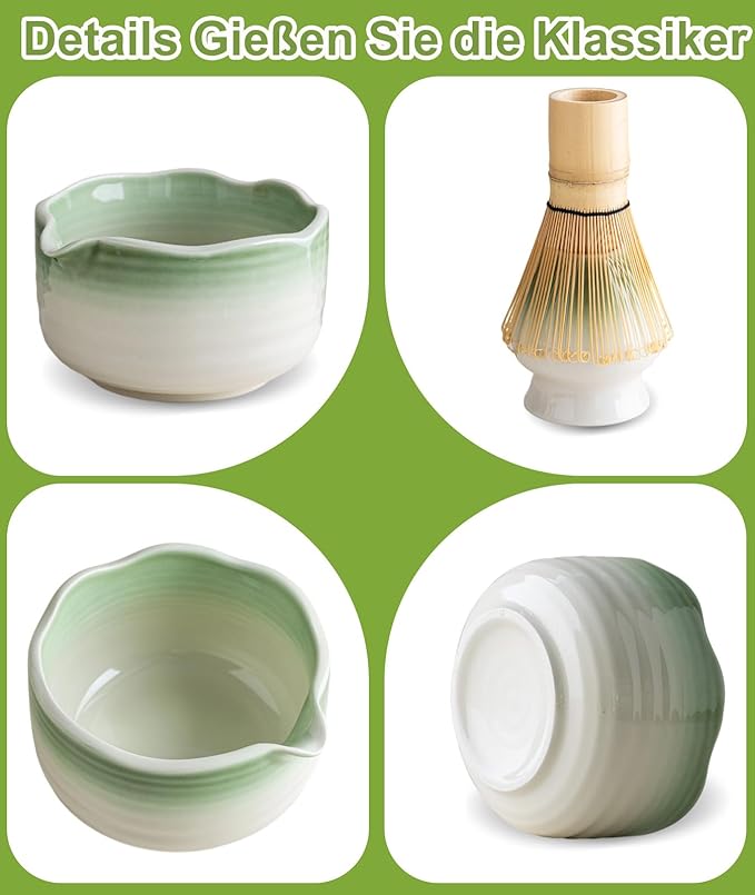 JBER Matcha Whisk Set, Ceramic Matcha Kit Includes Bowl with Spout, Matcha Whisk (Chasen) and Holder, Sifter, Scoop, Spoon & Rest - 7PCS Matcha Set for Matcha Lovers Ceremony, Gradient Light Green