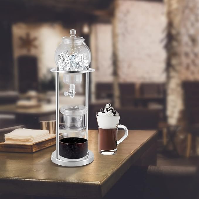Ice Cold Brew Dripper Coffee Maker, 600Ml Ice Coffee Makers Cold Brew Machine Stainless Steel and Borosilicate Glass Copper Coffee Maker Extraction Approx 4h 2drops/S for 6-8 People (Silver)