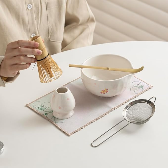 Matcha Tea Set with Plum Blossom Ceramic Bowl, Fine Mesh Strainer and Bamboo Scoop, Traditional Japanese Matcha Accessories for Home Tea Ceremony.