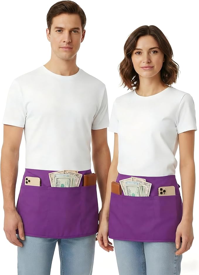 BOHARERS Waist Purple Apron with 3 Pockets - Black Waitress Server Short Apron