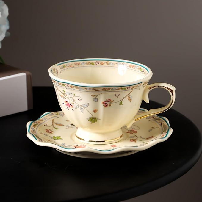 8 oz Vintage flower Ceramic cup and 6" saucer set with Brand customized stainless steel spoon Gifts for Afternoon Tea Coffee Hour (A)