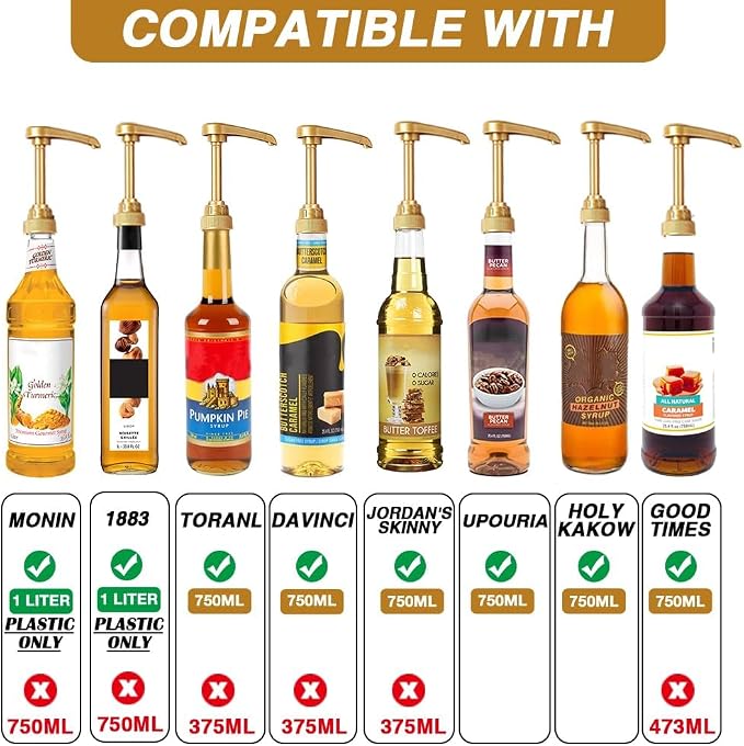 12 Pcs Syrup Pumps Dispenser, Compatible with 25.4 Oz/750ml Bottles, Great for Home & Coffee Bar Drinking Mixes, Tea, Beverage, Cocktails, Plus Spoons(Gold 5.23") - Image 3