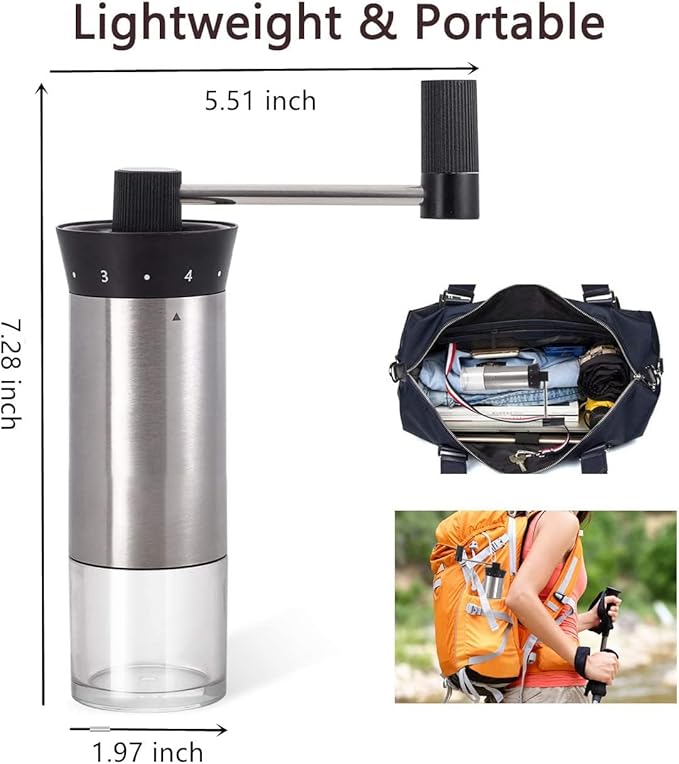 LHS Manual Coffee Grinder Stainless Steel Portable Hand Crank Coffee Mill Grinder Ceramic Conical Burr with Adjustable Coarseness for Home, Office or Traveling