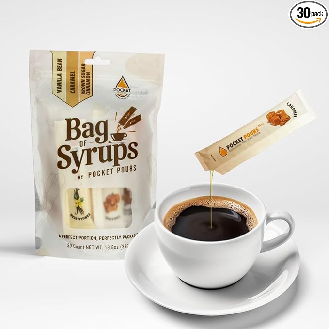 Pocket Pours Coffee Syrup Variety Pack (Vanilla, Caramel, Brown Sugar Cinnamon) - 30 Single-Serve Packets, Dairy-Free, Made in USA by Unknown