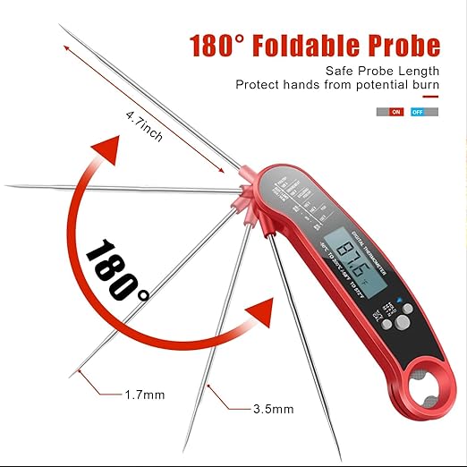 Digital Instant Read Food Thermometer with Backlight, LCD Display, Calibration Function, Built-in Bottle Opener for Grilling, BBQ, Turkey, Candy, Liquid Temperature Measurement, Red
