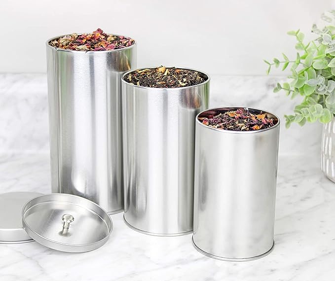 SOLSTICE TEA TRADERS Double Seal Tea Canisters (Pack of 4) Round Metal Containers with Interior Seal Lid - Large