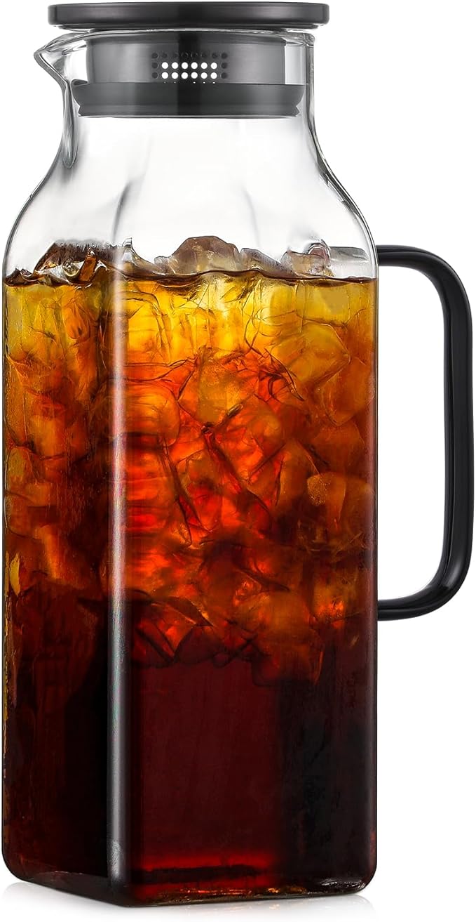 2 Quart (2 Liter 68 oz) Square Glass Pitcher with Lid and Spout, Water Pitchers with Handle for Fridge, Borosilicate Glass Carafe for Hot/Cold Drink, Large Jug for Iced Tea, Coffee, Beverage, Black
