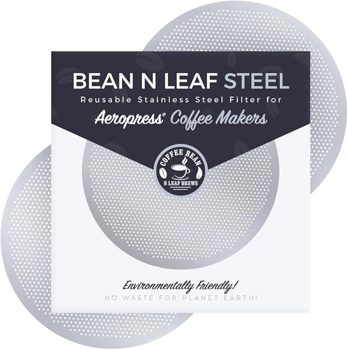 2-Pack Premium Filter for AeroPress Coffee Makers. Fits All AeroPress Models. Reusable, Durable, and Washable Stainless Steel Metal. STEEL by Coffee Bean n Leaf Brews