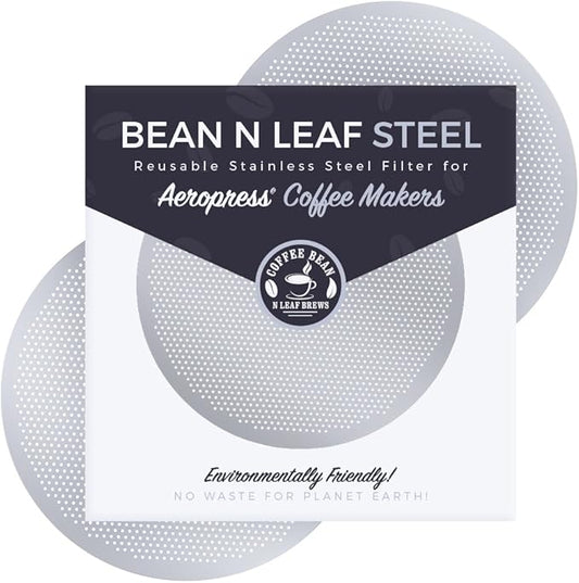 2-Pack Premium Filter for AeroPress Coffee Makers. Fits All AeroPress Models. Reusable, Durable, and Washable Stainless Steel Metal. STEEL by Coffee Bean n Leaf Brews