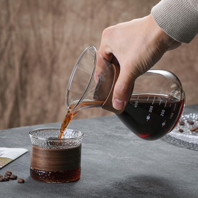 BeeCa Pour Over Coffee Maker Set, Single-Serve Coffee Essential, Reusable Double Stainless Steel Filter + Borosilicate Glass Carafe, Stylish Wood Collar, 2 Cup 400 ml/13.5 oz Portable & Easy Clean