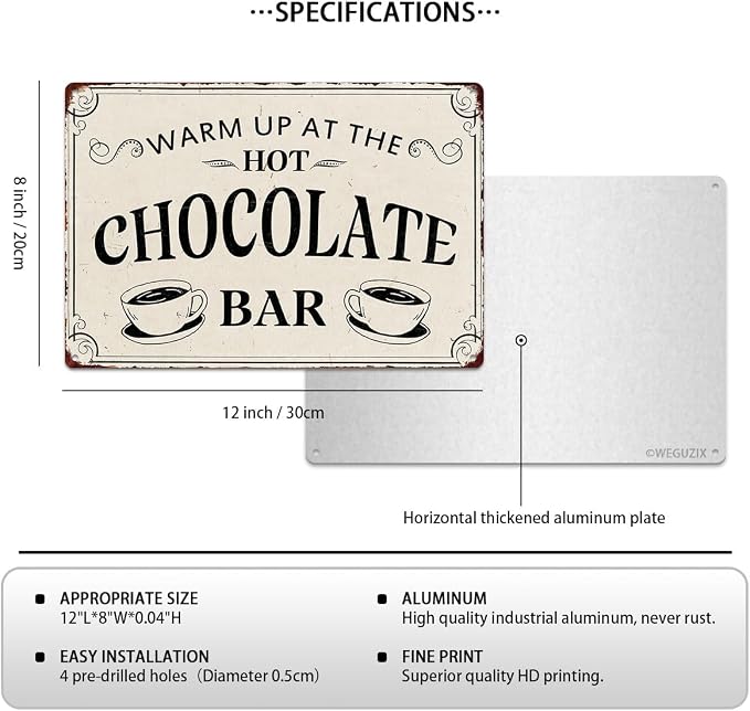 Christmas Signs Home Decor Vintage Art Poster Metal Hanging Plaque Kitchen Cafe Bar Farmhouse Porch Yard Outdoor Indoor Decorations Funny Xmas Gift 8X12 Inch (Warm Up At The Hot Chocolate Bar Sign) - Image 2