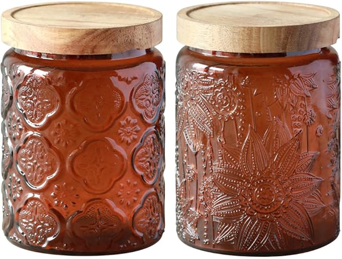 Glass Jar with Lid, Vintage Glass Storage Jars with Airtight Lid Coffee Canister Sugar Container for Kitchen Counter Pantry, Flour, Candy, Tea, Coffee Beans, Oats (Begonia Sunflower Brown)