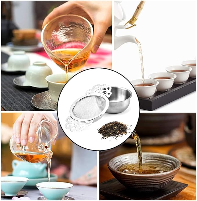 4 Set Tea Strainers with Drip Bowls, Loose Leaf Tea Strainers with Double Winged Handles Extra Fine Mesh Tea Infuser Brew Loose Leaf Tea, Spices, Seasonings