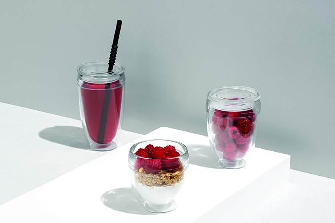 Bodum 10oz Pavina Reusable Double Wall Tumblers with Lid, BPA-Free Plastic, Hot and Cold Drinks, Set of 2, Clear