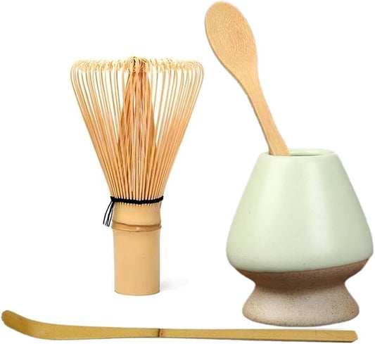 Matcha Tools ，Matcha Whisk Holder， Matcha Chasen Whisk Stand ，Ceramic Holder ，Matcha Bowl ，Traditional Japanese Tea Ceremony Starter (Matte Green Ceramic Holder，Whisk ， 4 set)