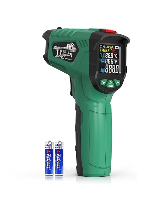 Infrared Thermometer Gun,SQECH Laser Thermometer Gun -58℉～1472℉(-50℃～800℃),Temperature Gun with Ambient Temperature&Humidity/Adjustable Emissivity/Color Backlight for Cooking, Oven,Engine,HVAC