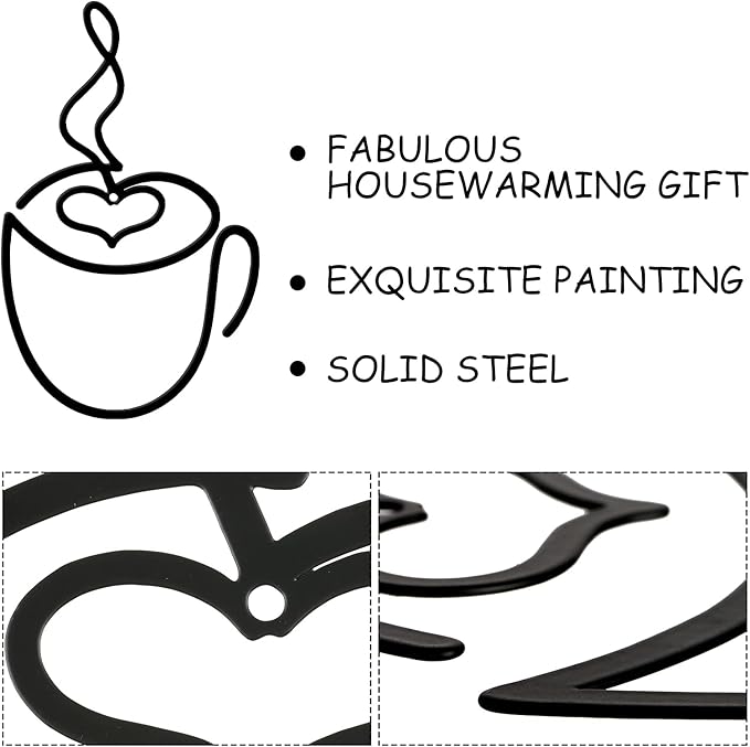 Ferraycle 3 Pieces Coffee Cup Metal Wall Art Wire Coffee Bar Hanging Decor Cafe Themed Vintage Rustic Metal Sign for Kitchen Restaurant Shop Home Office Accessories