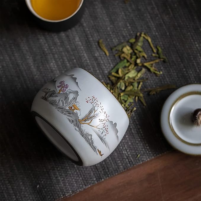 Chinese Style Ceramic Tea Caddy Tea Canister Tea Storage Container Tins Jar with Airtight Lid Wet-proof Tank for Tea, Coffee, Herb, Sugar, Spice, Nuts-Mountain-6 OZ