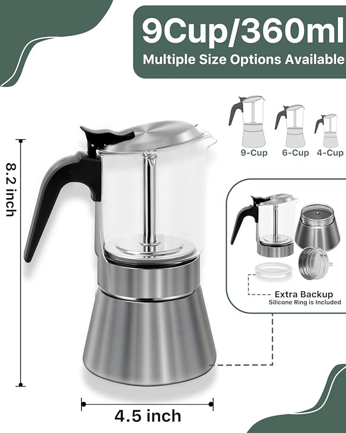 Grasseed Crystal Glass-Top Moka Pot, Polished Stainless Steel Stovetop Espresso Maker for Italian Coffee, Gift for Coffee Lovers - 9 Cup/360ml/12.6oz
