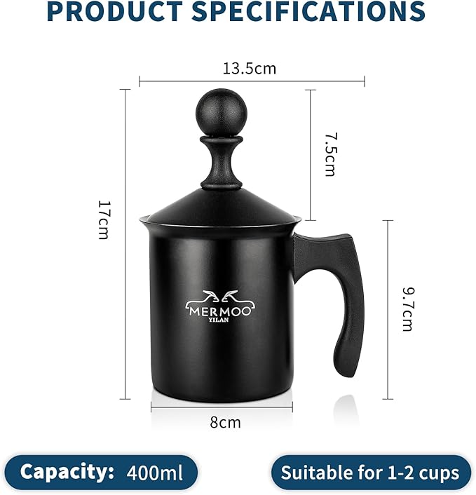 Milk Frother 14oz (400ml) Non electric，Easy to Clean, Can Warm Milk Directly, Also for cold milk, Make Creamer Milk, For Latte, Cappuccinos, Perfect for Camping, Travel, Home (Black)