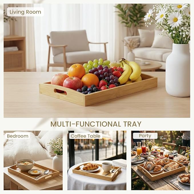 Bamboo Serving Tray with Handles - 2 Pack Wooden Food Tray for Breakfast in Bed, Eating, Decor and Storing - Decorative Trays Platter Use for Kitchen, Ottoman, Living Room, Party and Restaurant