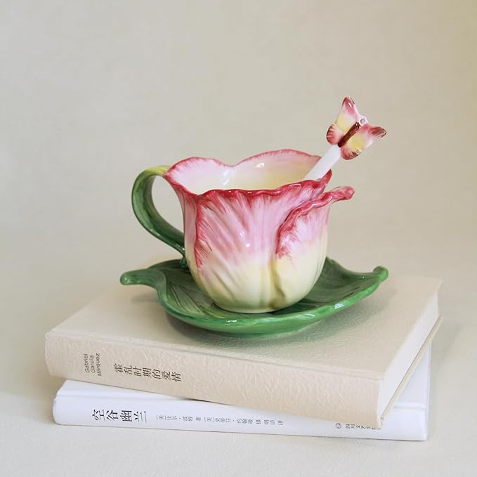 Ceramic Tea Cup and Saucer Set ，6OZ 3D Hand-Painted Flower Coffee Mug，Gift for Women -Pink Tulip
