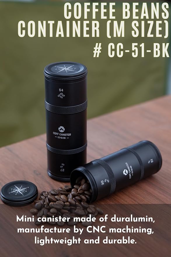 CAMPINGMOON 2-Layer Portable Coffee Bean Storage Canister Airtight Duralumin Coffee Travel Container Camping Lightweight Slim Mini Tea Caddy CNC Machined Metal Spice Jar Black M 27g 54g CC-51-BK