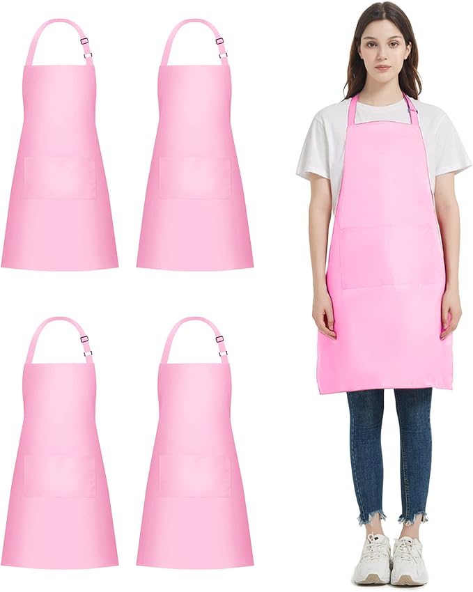 4 Packs Chef Apron with 2 Pockets, Waterproof Adjustable Apron for Men Women Perfect for Kitchen Cooking Baking Gardening Restaurant BBQ Coffee House, Professional Apron (Pink) by loteaf