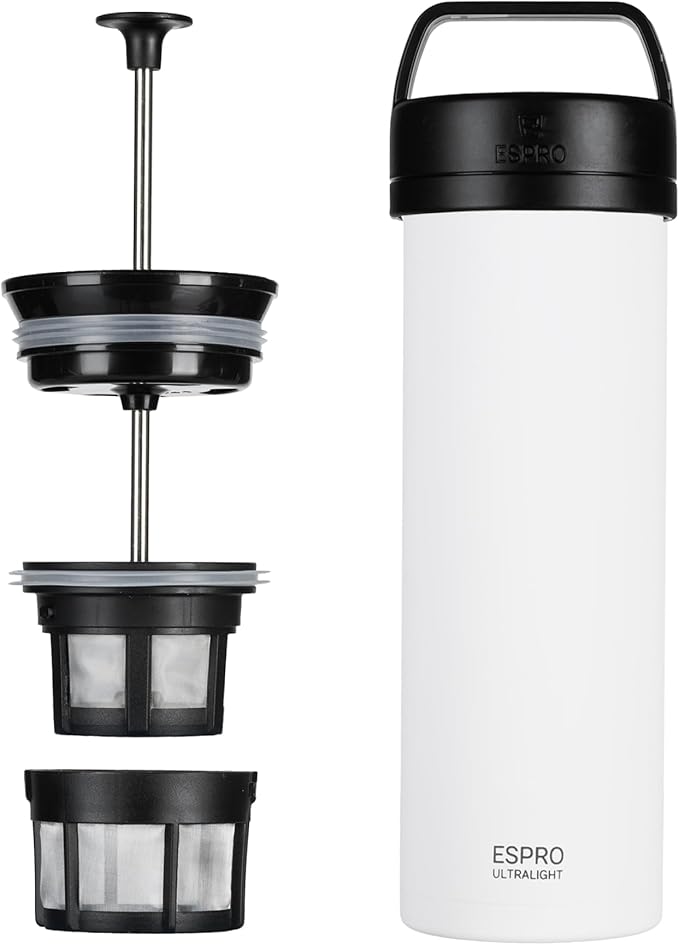 ESPRO P0 Ultralight French Press Coffee Maker for Travel, Vacuum Insulated Stainless Steel, 16 Ounces, Chalk White