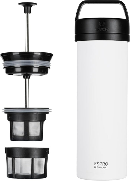 ESPRO P0 Ultralight French Press Coffee Maker for Travel, Vacuum Insulated Stainless Steel, 16 Ounces, Chalk White