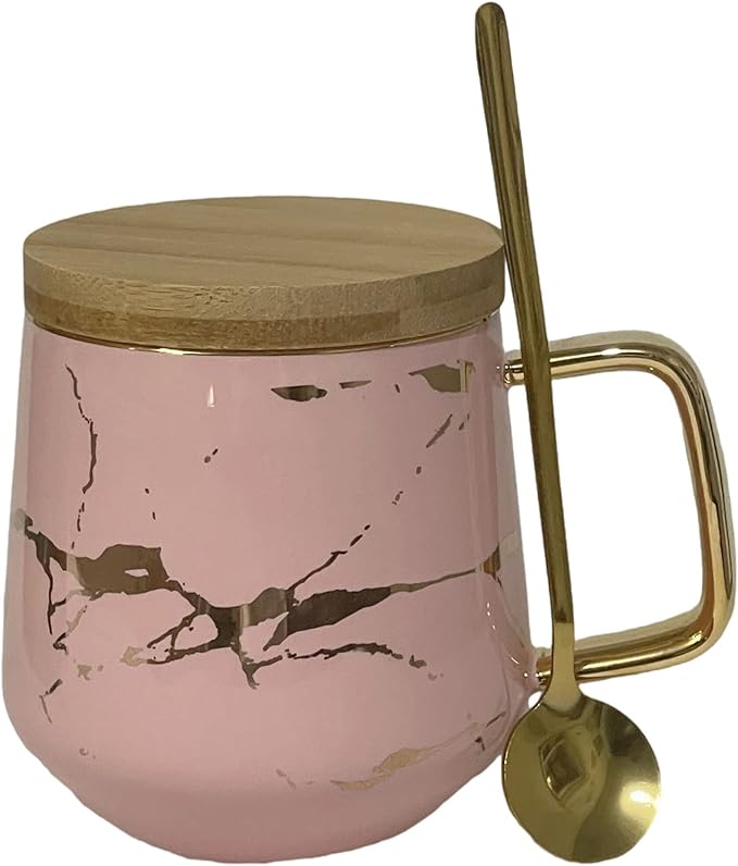 YBK Tech Porcelain Tea Cup Coffee Mug Set for Afternoon Tea - Marble Pattern (Pink, Tall 400ml + wood lid)