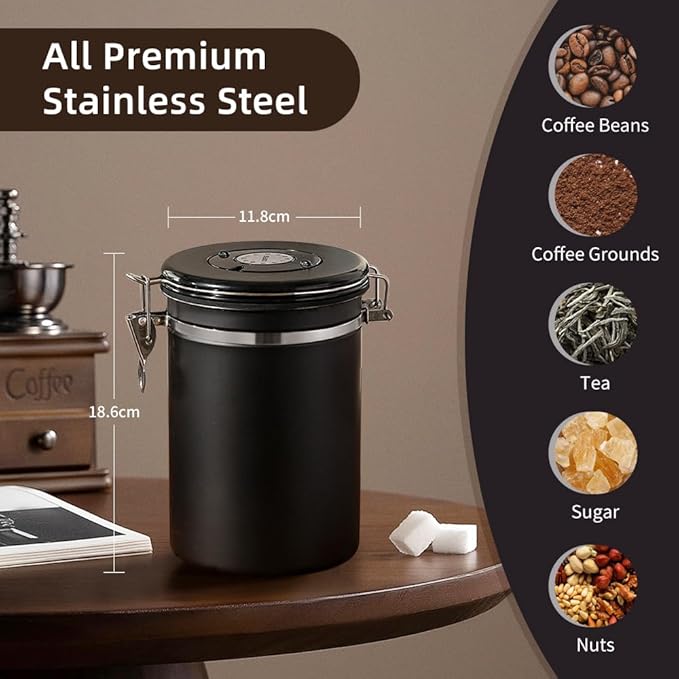 Airtight Stainless Steel Coffee Canister,1.8L Coffee Bean Storage Container with Date Tracker and Scoop for Coffee Beans, Grounds, Tea, Flour, Cereal, Sugar, Large (Black)